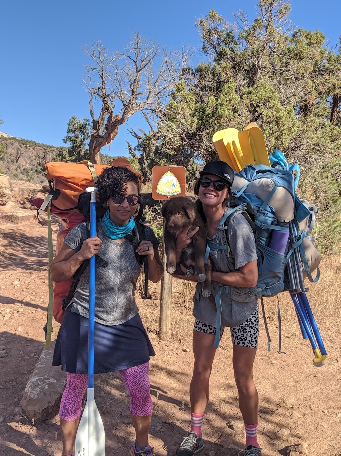 A picture of Amanda, Hannah and Pancho getting ready for the hike down