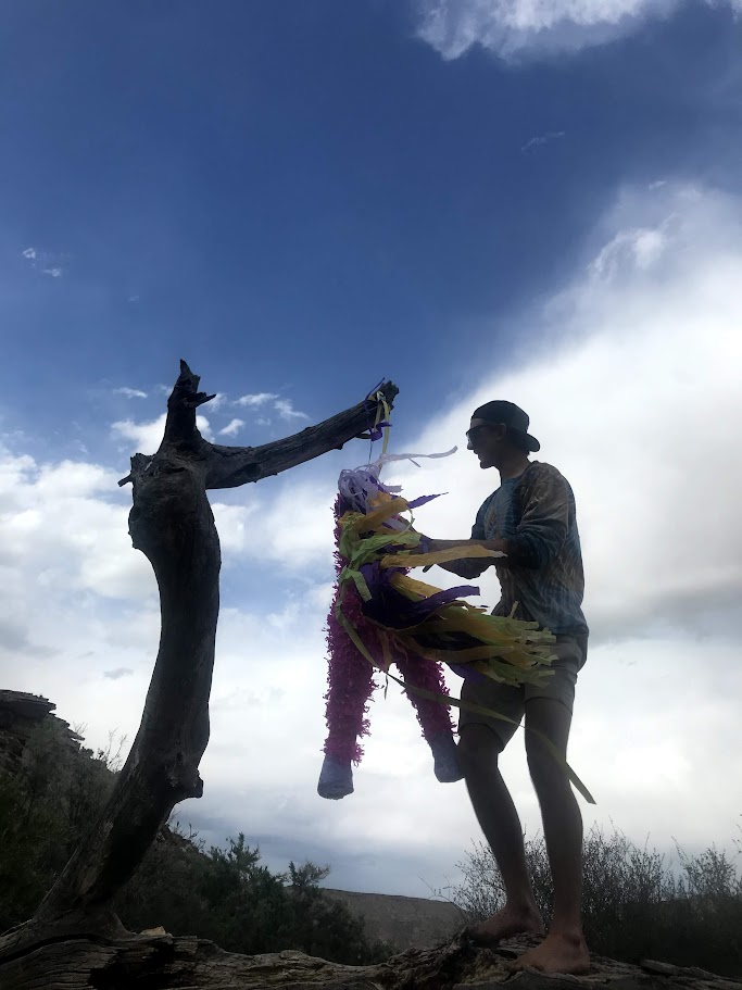 A picture of Elliot hanging the pinata