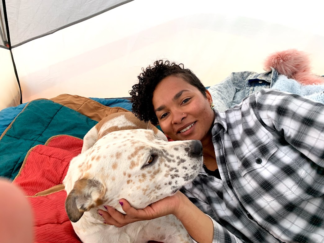 A picture of Amanda and Jax in the tent